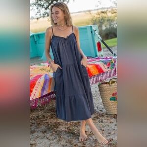 NWT Natural Life Tiered Dress Thin Spaghetti Straps Cotton Purple Medium Pockets